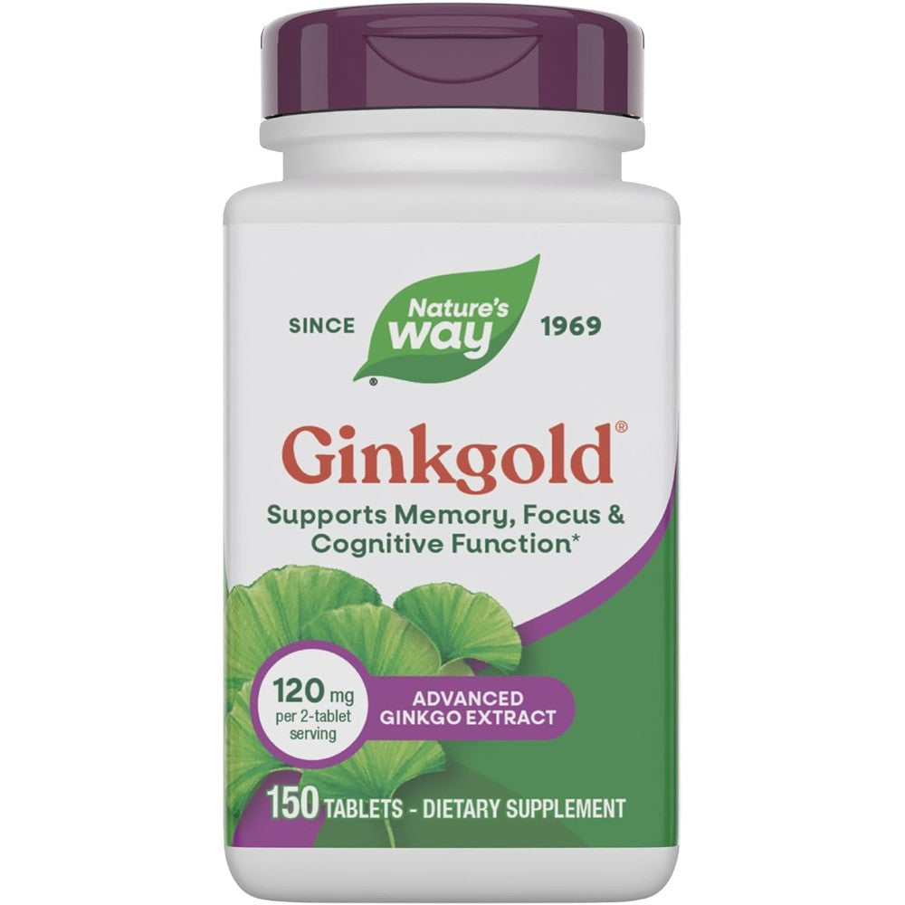 Nature's Way Ginkgold Advanced Ginkgo Extract 150 vegan tablets front view showcasing premium cognitive support packaging