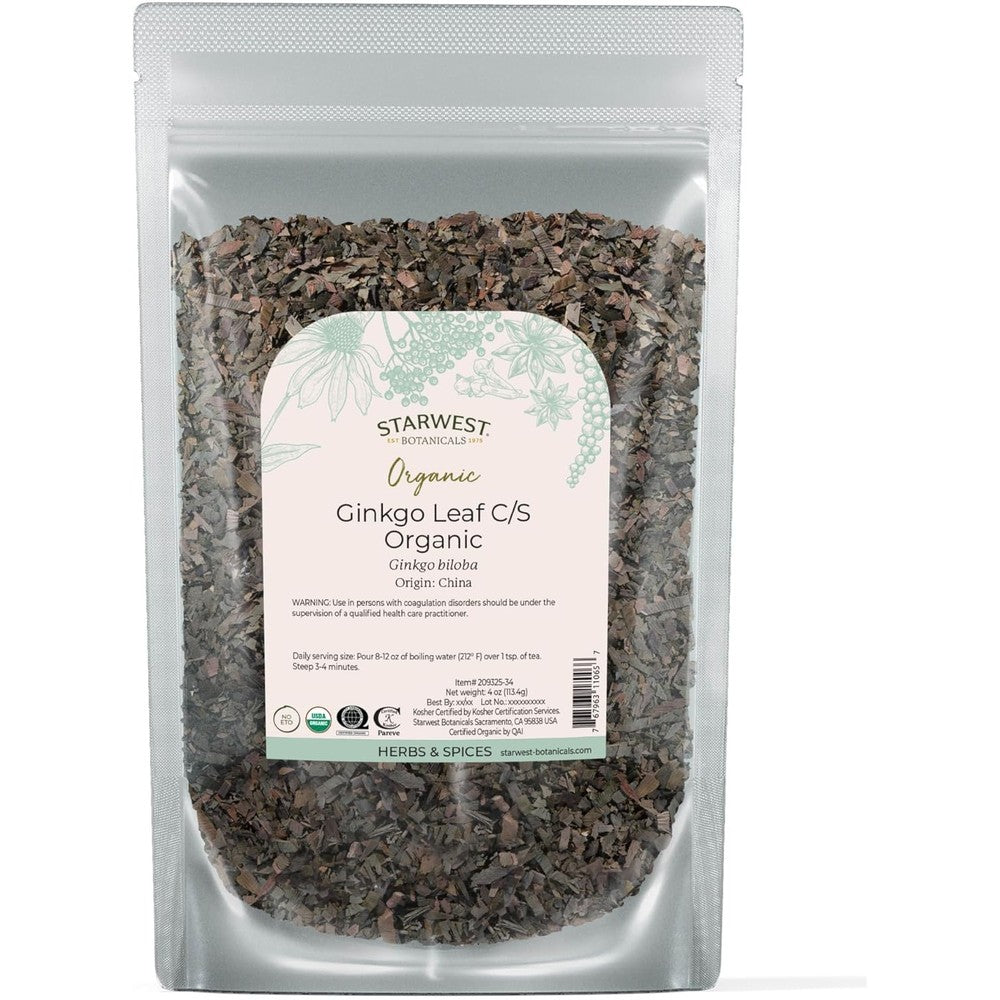 Starwest Botanicals Organic Ginkgo Leaf four ounce pouch front view premium loose herb tea