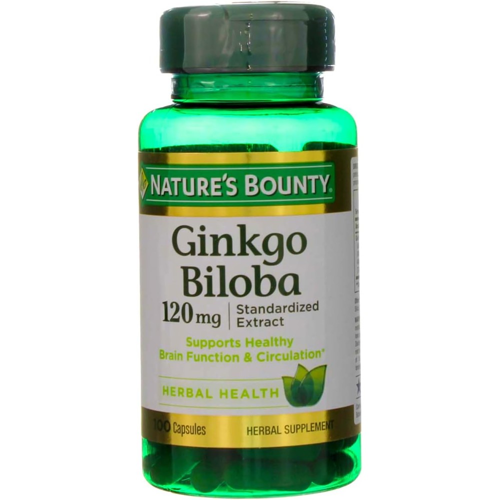 Nature's Bounty Ginkgo Biloba 120 Milligrams 100 Capsules front bottle view for brain health support