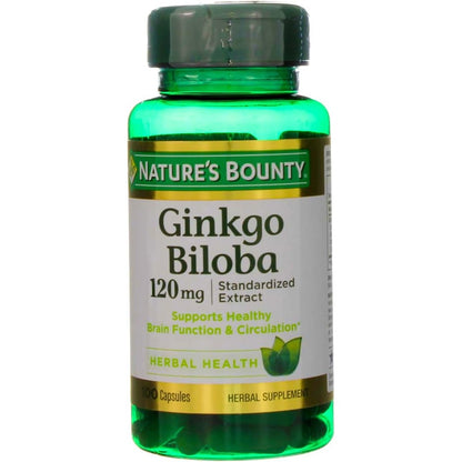 Nature's Bounty Ginkgo Biloba 120 Milligrams 100 Capsules front bottle view for brain health support