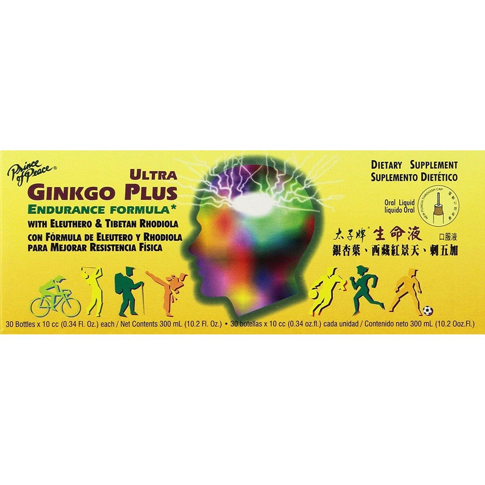 Prince of Peace Ultra Ginkgo Plus 30 Liquid Bottles front box view showing authentic brain boost dietary supplement packaging.
