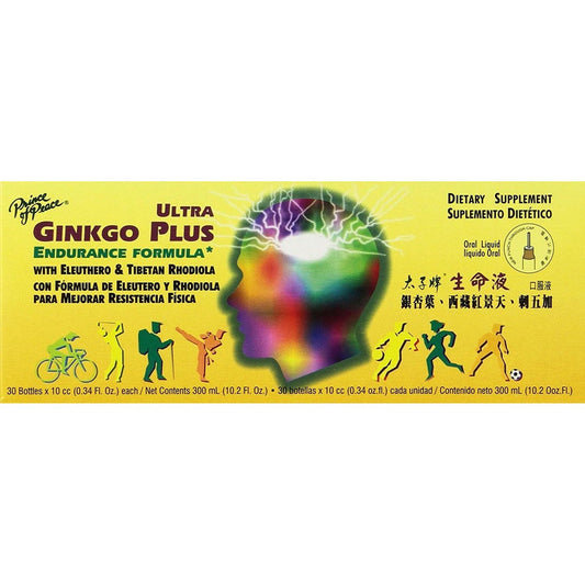 Prince of Peace Ultra Ginkgo Plus 30 Liquid Bottles front box view showing authentic brain boost dietary supplement packaging.