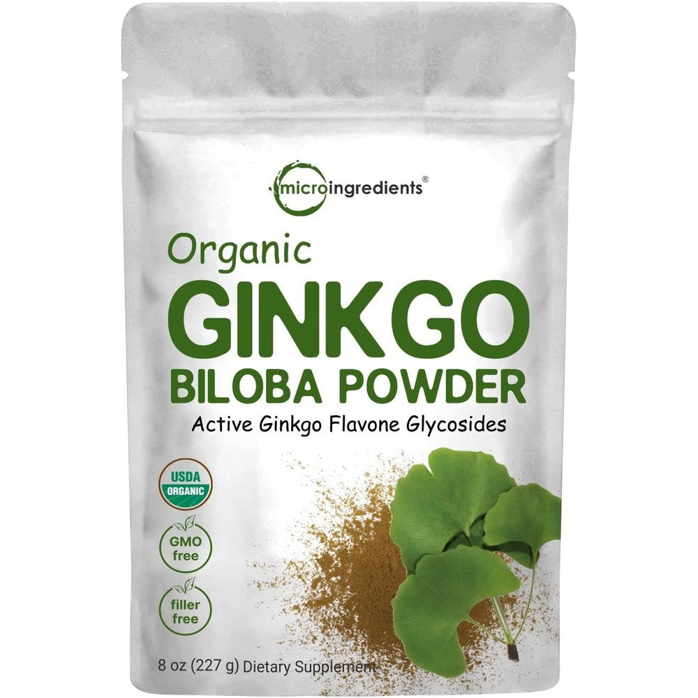 Micro Ingredients Organic Ginkgo Biloba Extract Powder front packaging for herbal brain health supplement