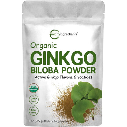 Micro Ingredients Organic Ginkgo Biloba Extract Powder front packaging for herbal brain health supplement