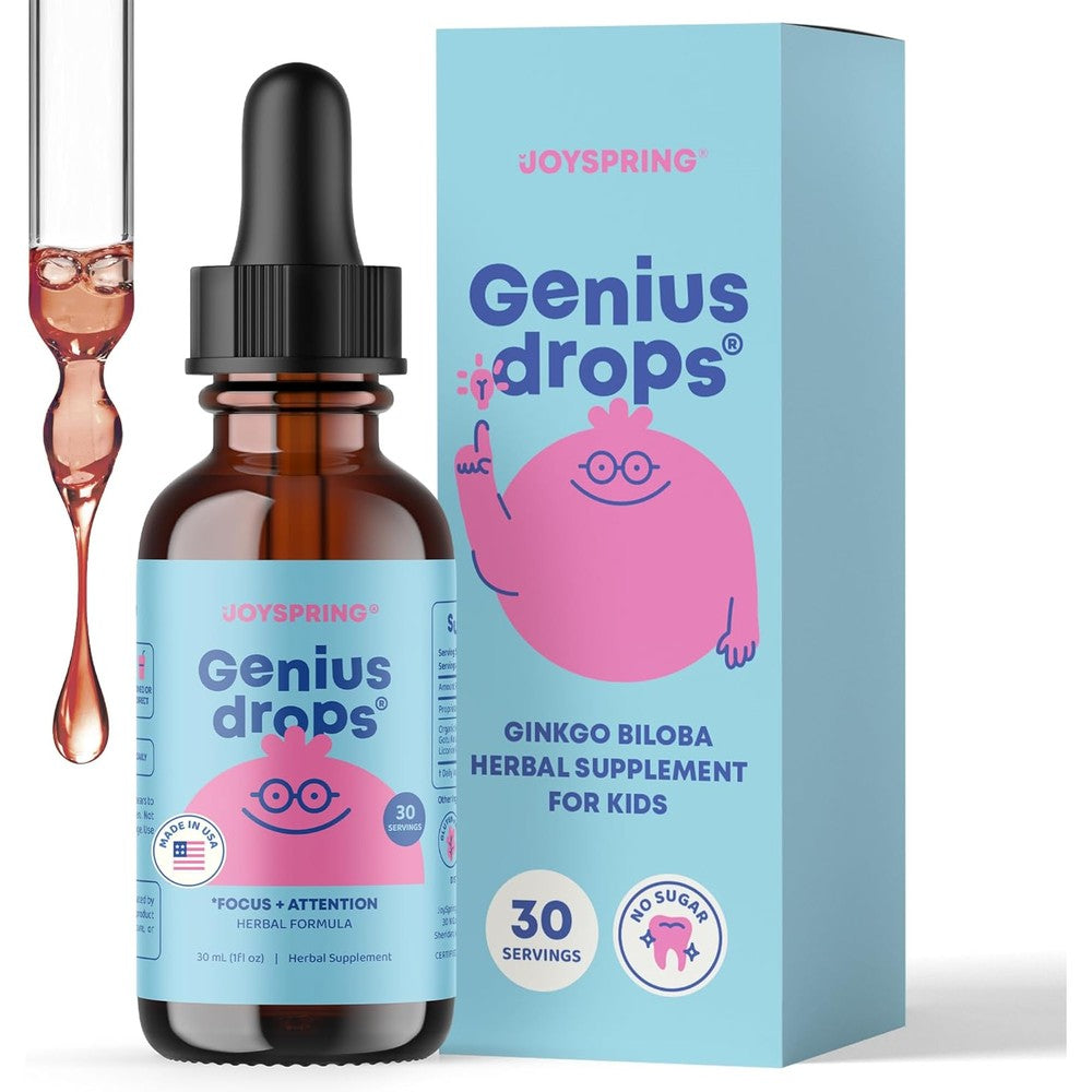 JoySpring Genius Drops for Kids front view bottle showing pink mascot character on the label