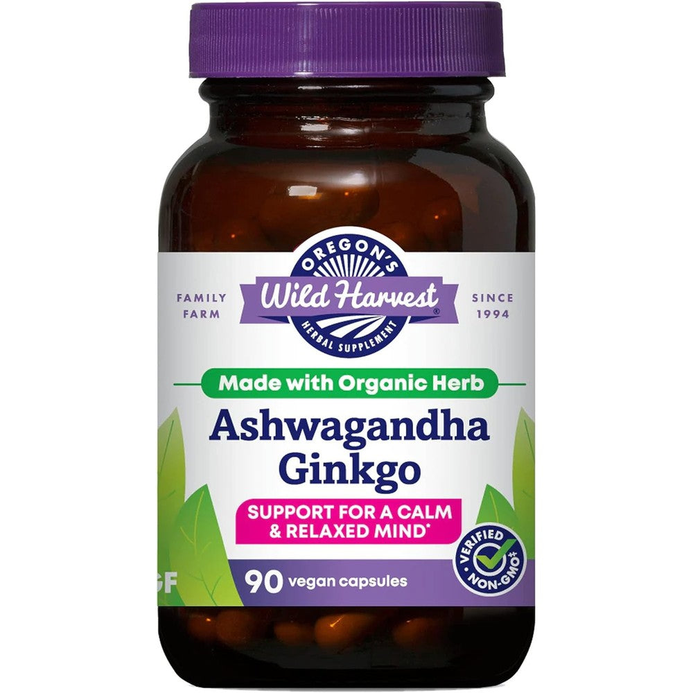 Oregon's Wild Harvest Ashwagandha Ginkgo 90 capsules front view bottle for stress relief.