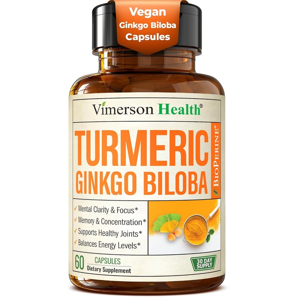 Vimerson Health Turmeric and Ginkgo Biloba bottle front view for brain focus supplement
