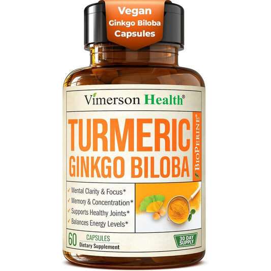 Vimerson Health Turmeric and Ginkgo Biloba bottle front view for brain focus supplement