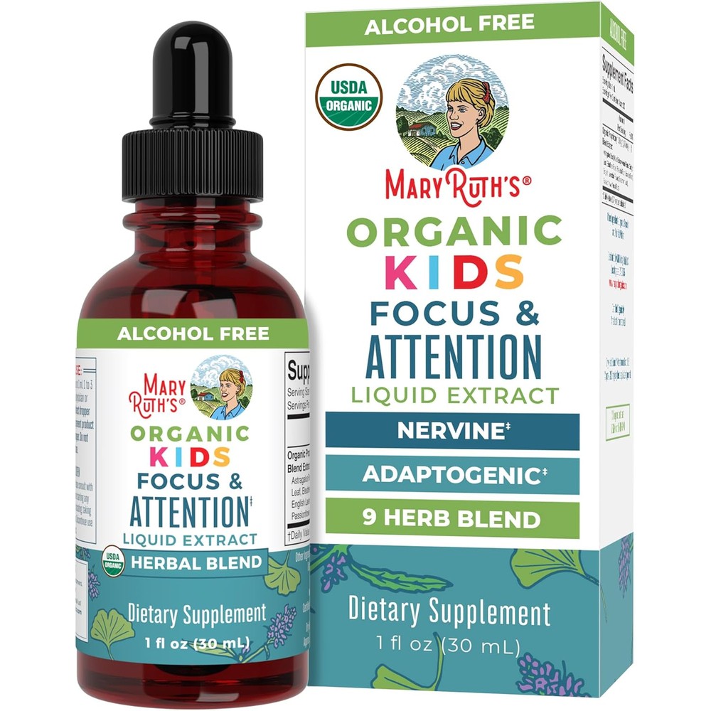 MaryRuth Organics Kids Focus drops front view showing the certified organic packaging