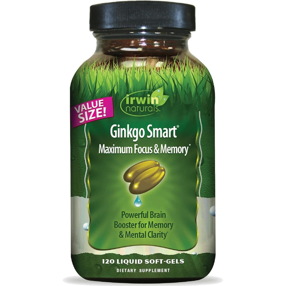 Irwin Naturals Ginkgo Smart 120 liquid softgels front bottle view for brain health