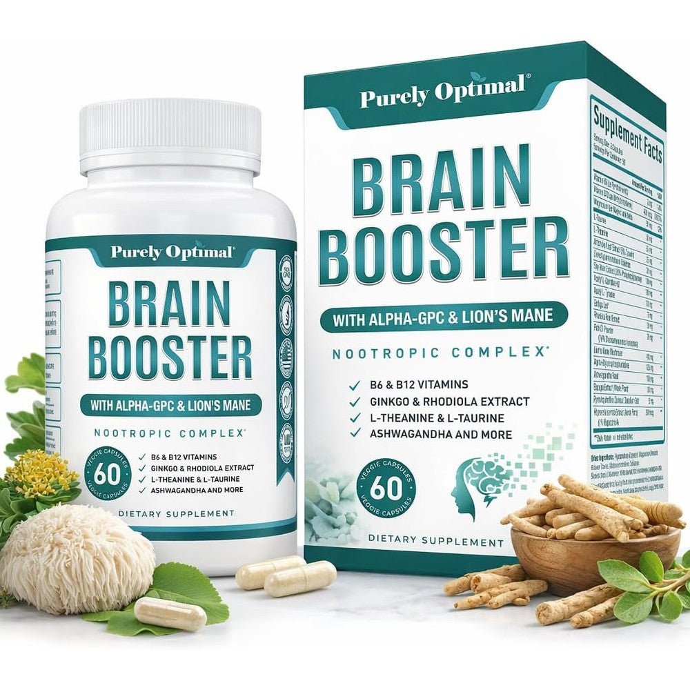 Purely Optimal Brain Booster Nootropic 60 capsules front view bottle showing memory and focus supplement