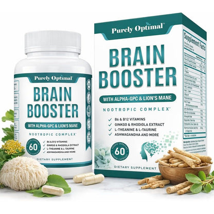 Purely Optimal Brain Booster Nootropic 60 capsules front view bottle showing memory and focus supplement