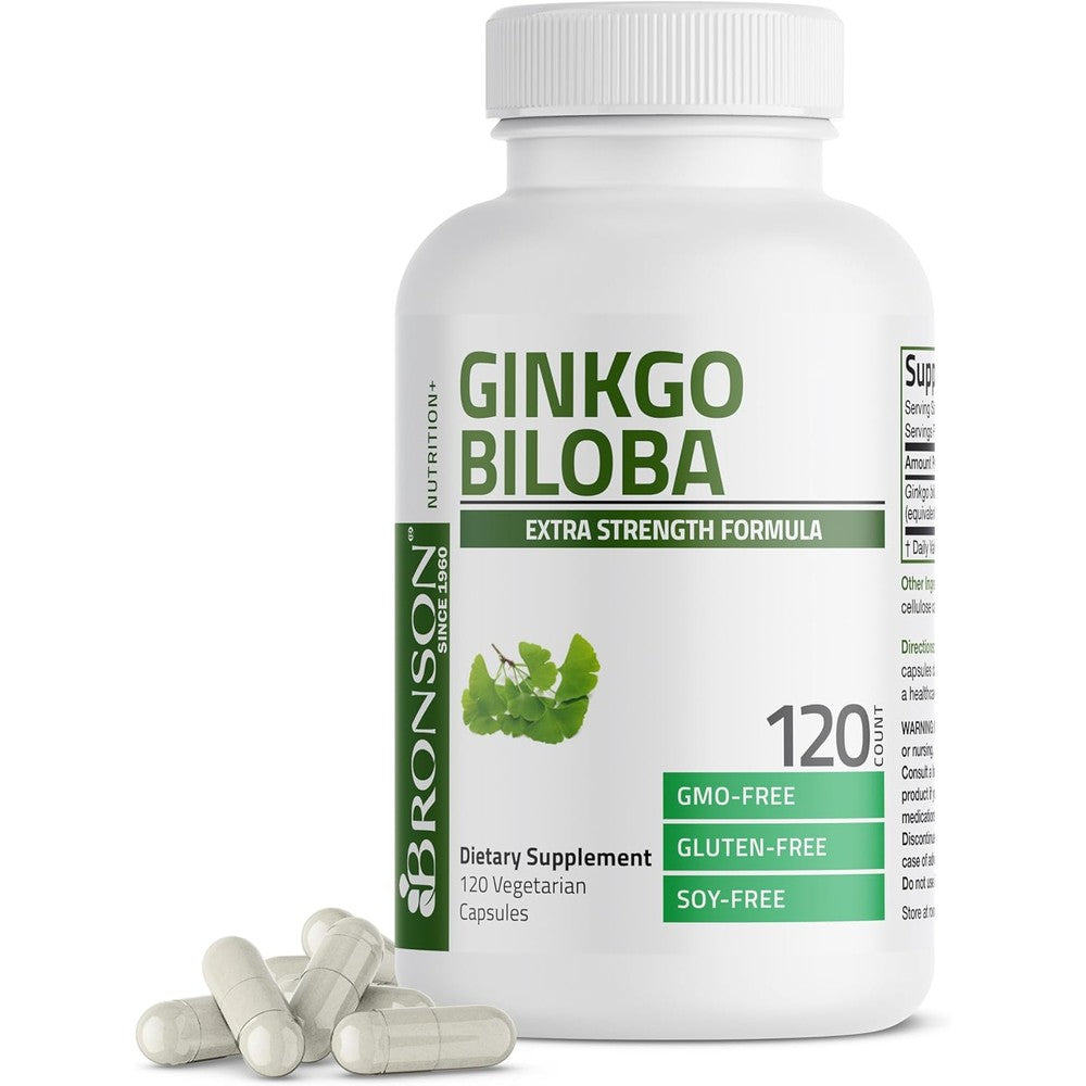 Bronson Ginkgo Biloba Extra Strength 120 vegetarian capsules front view showing brain and memory support benefits