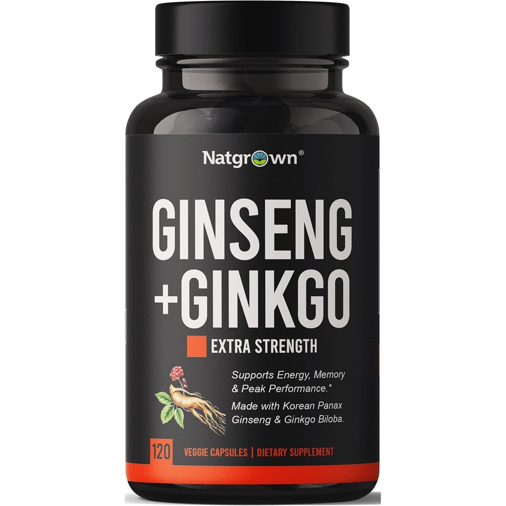 Natgrown Panax Ginseng and Ginkgo Biloba 120 capsules front bottle view for online buyers
