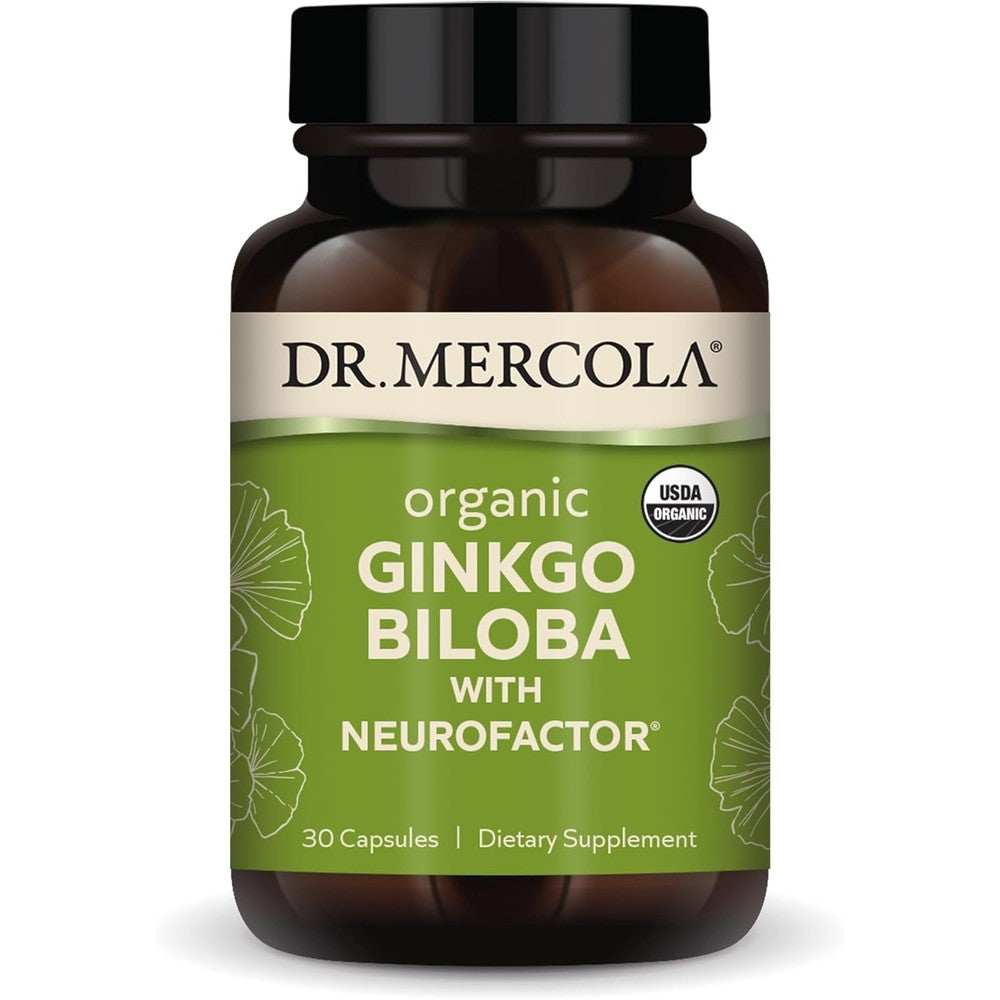 Dr. Mercola Organic Ginkgo Biloba with NeuroFactor front view bottle for premium brain support supplements.