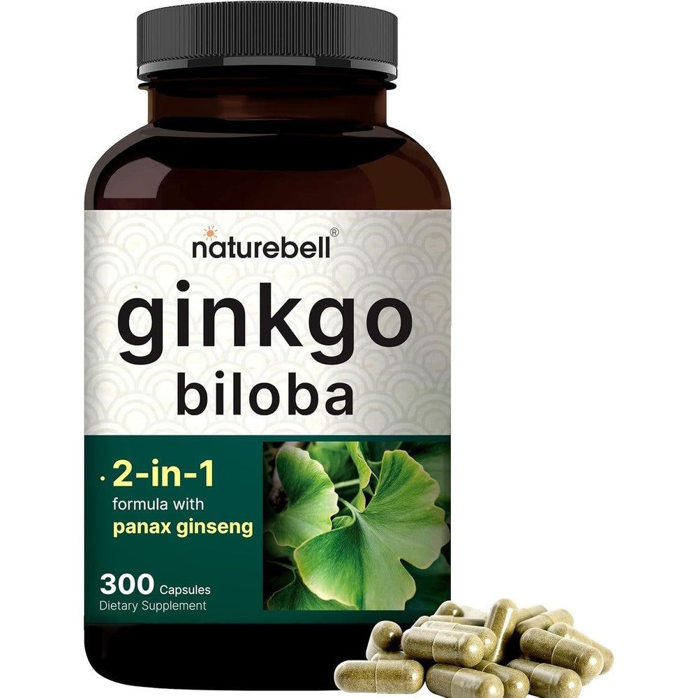 NatureBell Ginkgo Biloba 6000mg with Panax Ginseng 300 capsules front bottle view