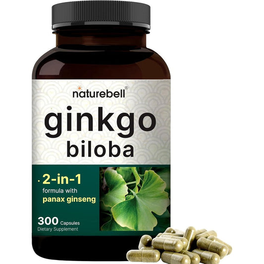 NatureBell Ginkgo Biloba 6000mg with Panax Ginseng 300 capsules front bottle view