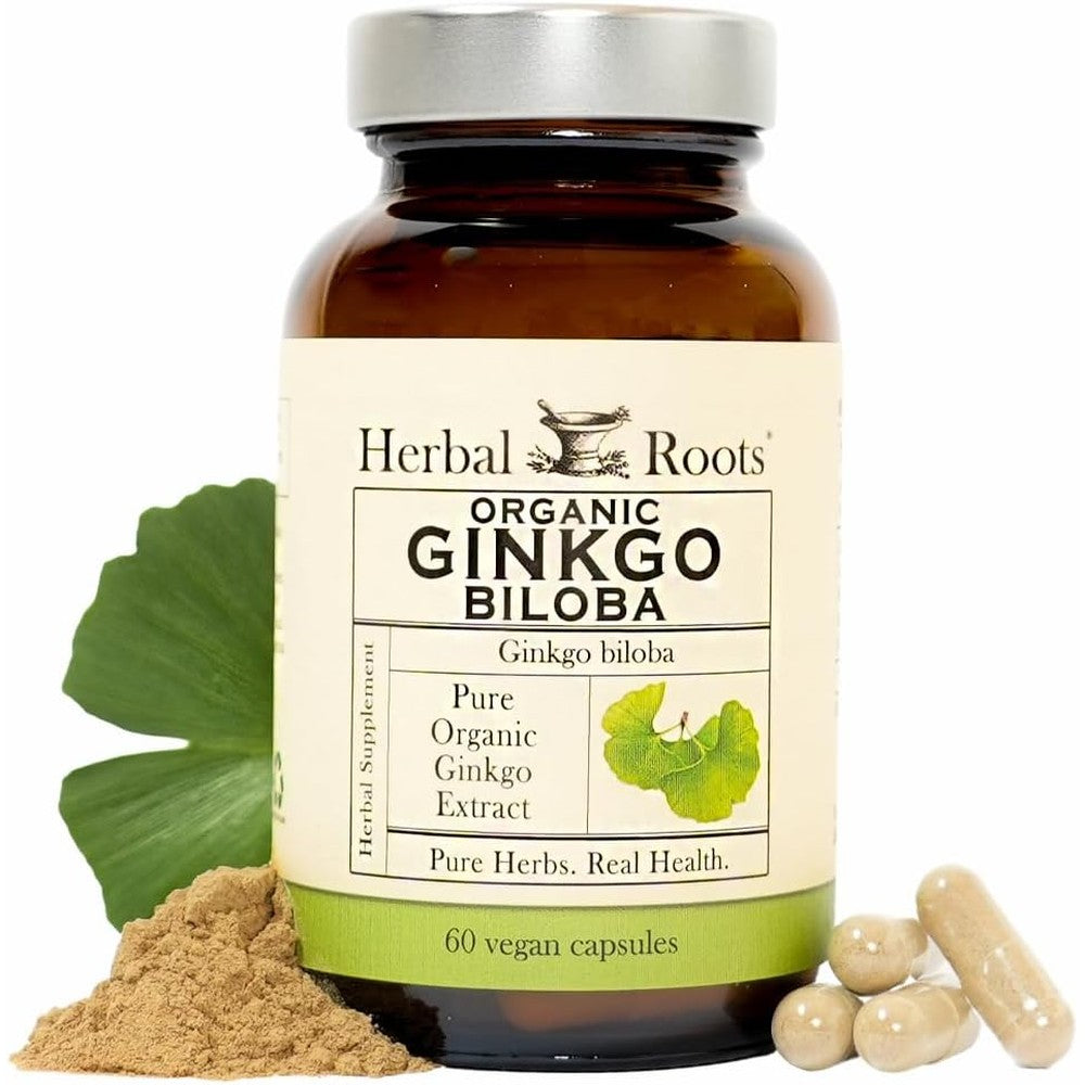 Herbal Roots Organic Ginkgo Biloba 60 vegan capsules front view bottle for brain health.
