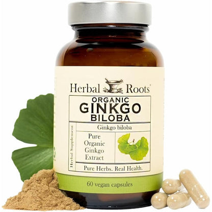 Herbal Roots Organic Ginkgo Biloba 60 vegan capsules front view bottle for brain health.