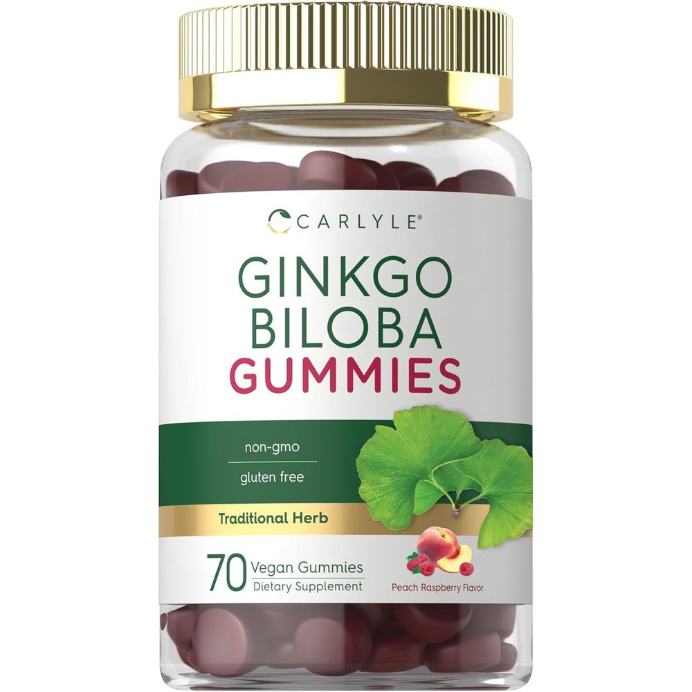 Carlyle Ginkgo Biloba 70 vegan gummies bottle front view displaying peach raspberry flavor details.