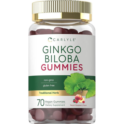 Carlyle Ginkgo Biloba 70 vegan gummies bottle front view displaying peach raspberry flavor details.