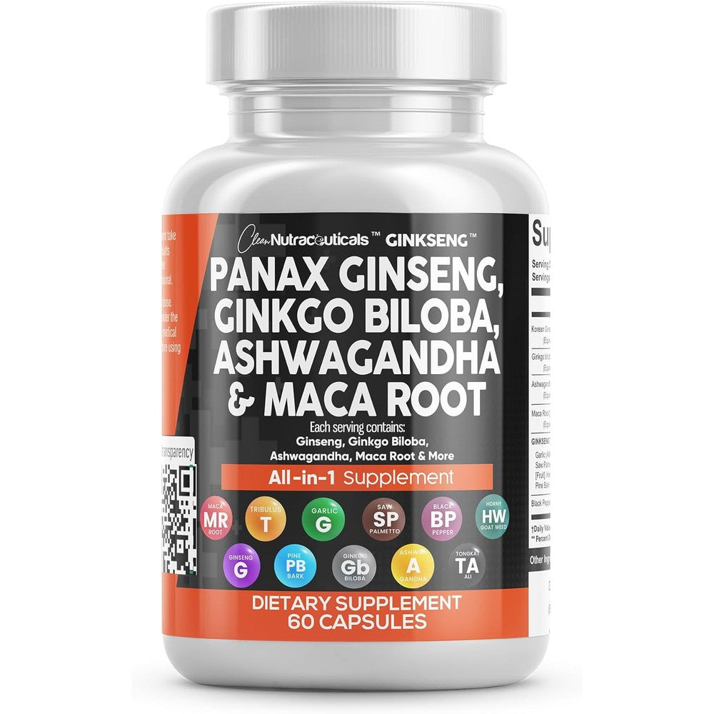 Clean Nutraceuticals Panax Ginseng Ginkgo Biloba Ashwagandha 60 capsules front view bottle showing energy formula