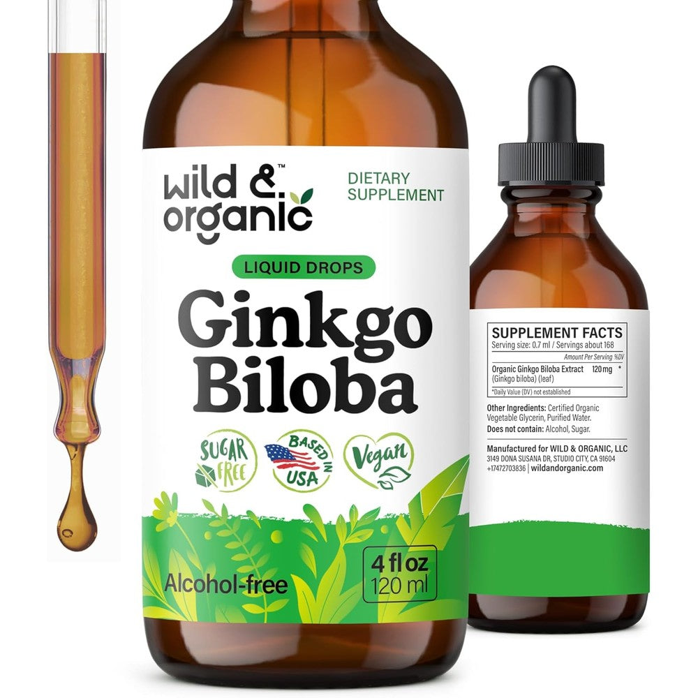 Wild And Organic Ginkgo Biloba Drops front view bottle for cognitive support