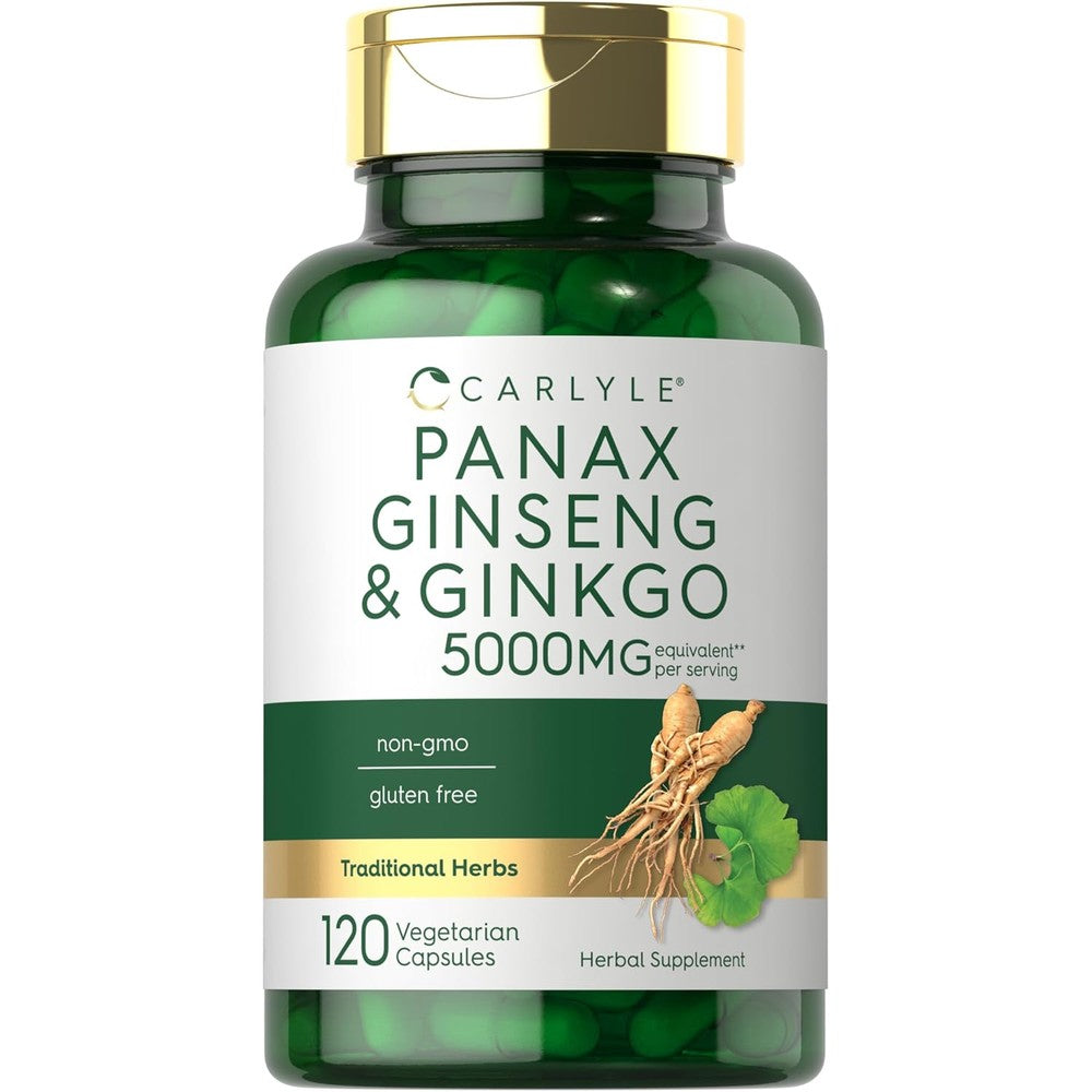 Carlyle Panax Ginseng and Ginkgo Biloba 120 vegetarian capsules bottle front view for cognitive support.