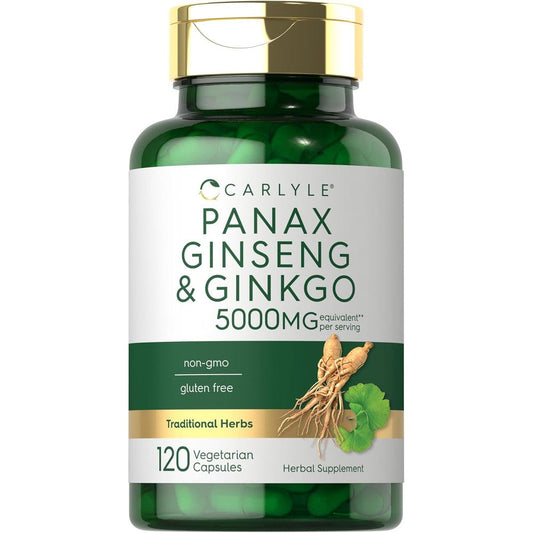 Carlyle Panax Ginseng and Ginkgo Biloba 120 vegetarian capsules bottle front view for cognitive support.