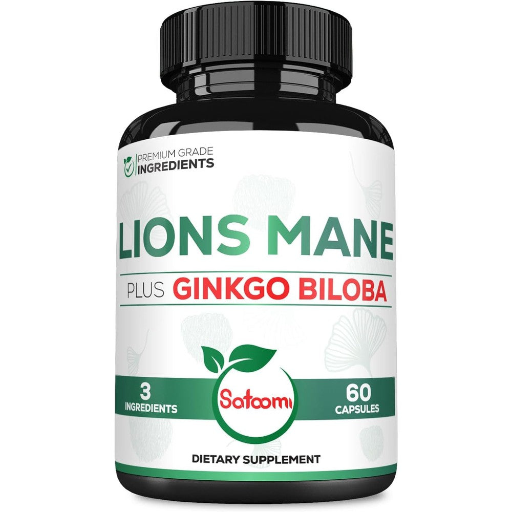 Satoomi Lions Mane and Ginkgo Biloba Mushroom Blend 60 capsules front view bottle showing premium brain health supplement label.