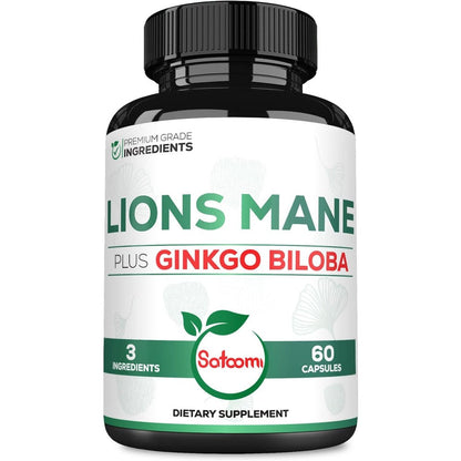 Satoomi Lions Mane and Ginkgo Biloba Mushroom Blend 60 capsules front view bottle showing premium brain health supplement label.