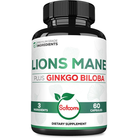Satoomi Lions Mane and Ginkgo Biloba Mushroom Blend 60 capsules front view bottle showing premium brain health supplement label.