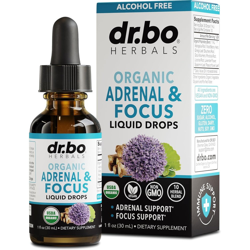 DR. BO Organic Adrenal Fatigue and Focus Drops front view bottle for stress management.