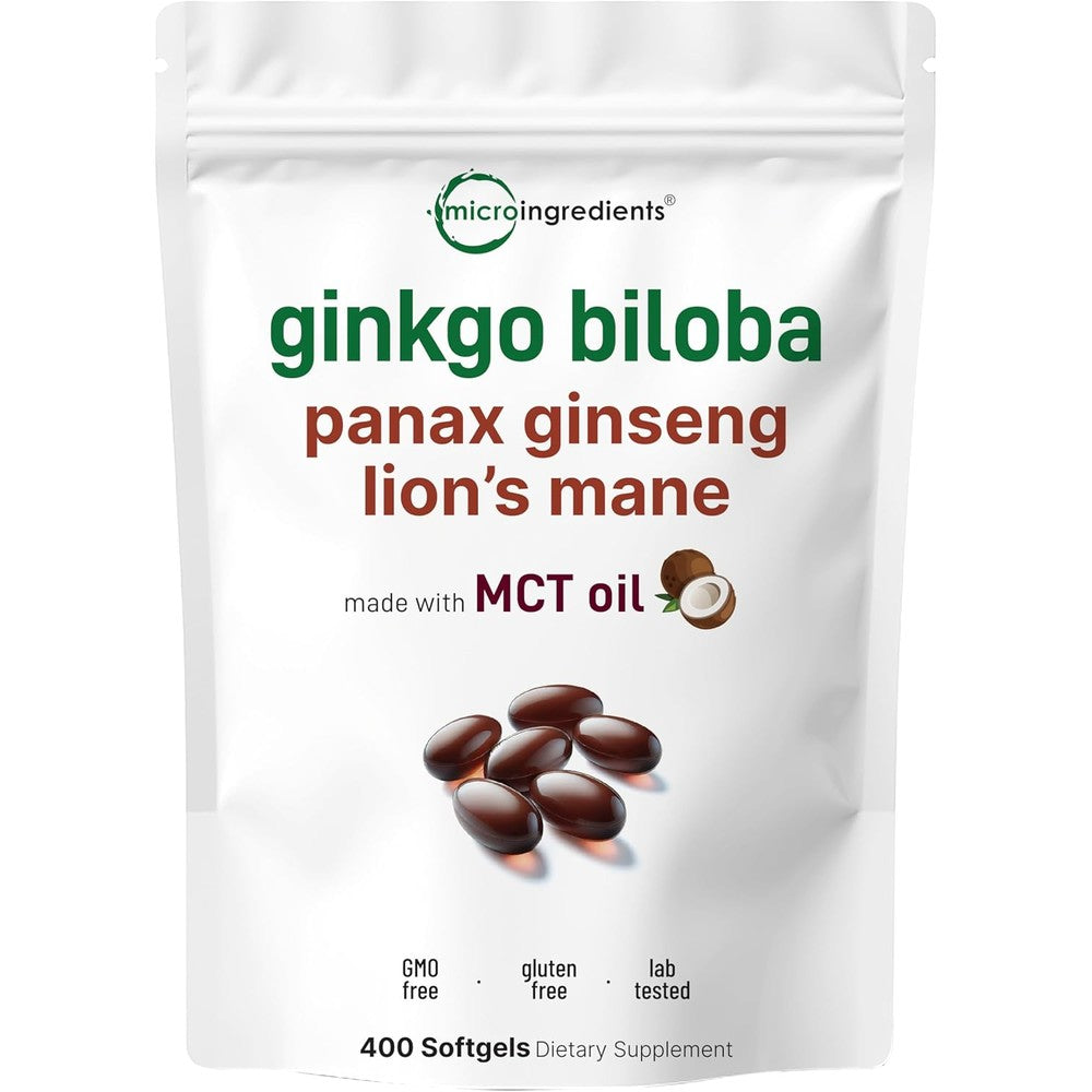 Micro Ingredients Ginkgo Biloba Ginseng Lions Mane front view cognitive supplement India