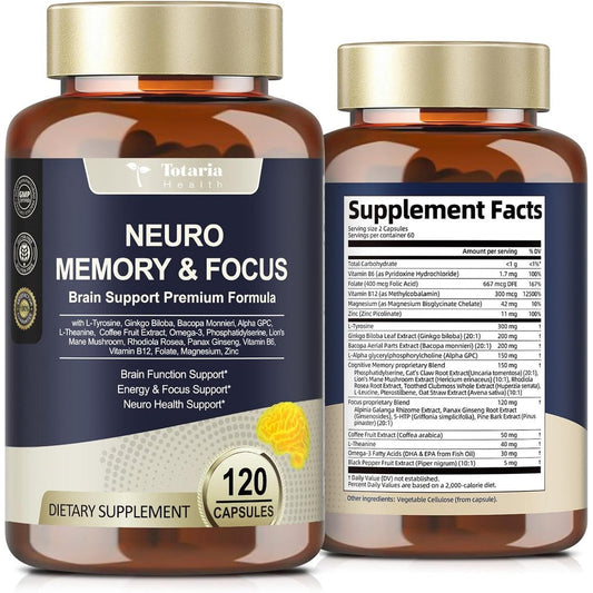 Totaria Nootropic Brain Supplements 120 Capsules front view showing product packaging.