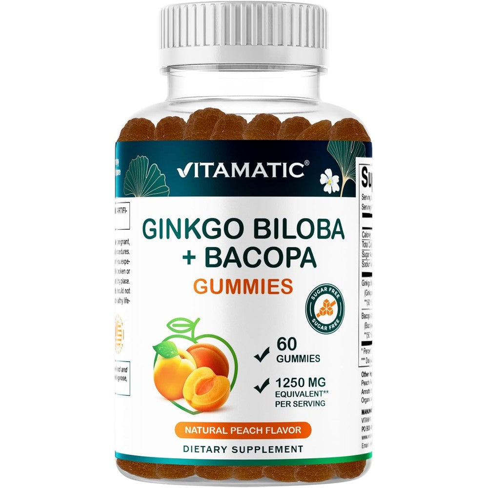Vitamatic Ginkgo Biloba and Bacopa gummies front bottle view for cognitive support.