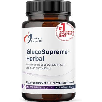 Designs for Health GlucoSupreme Herbal supplement bottle front view
