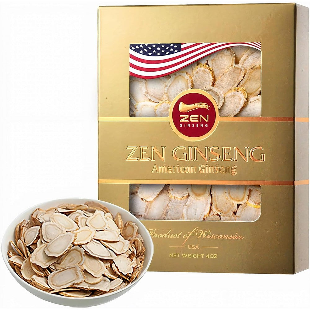 Zen Ginseng American Wisconsin Ginseng Slices 4 Ounce box front view