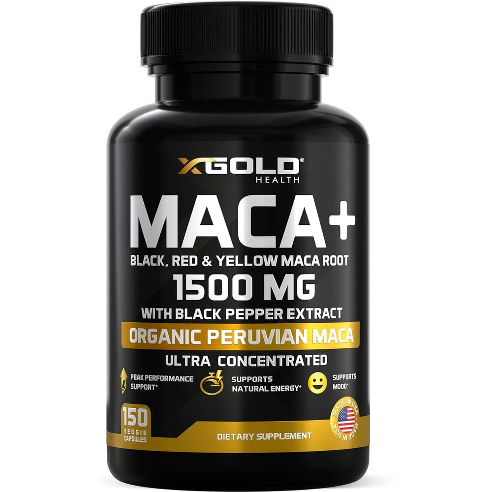 X Gold Health Organic Maca Root Capsules 1500mg front view