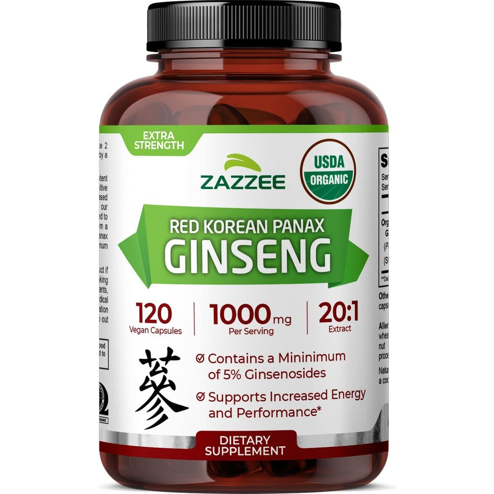 Zazzee USDA Organic Red Korean Panax Ginseng front bottle view