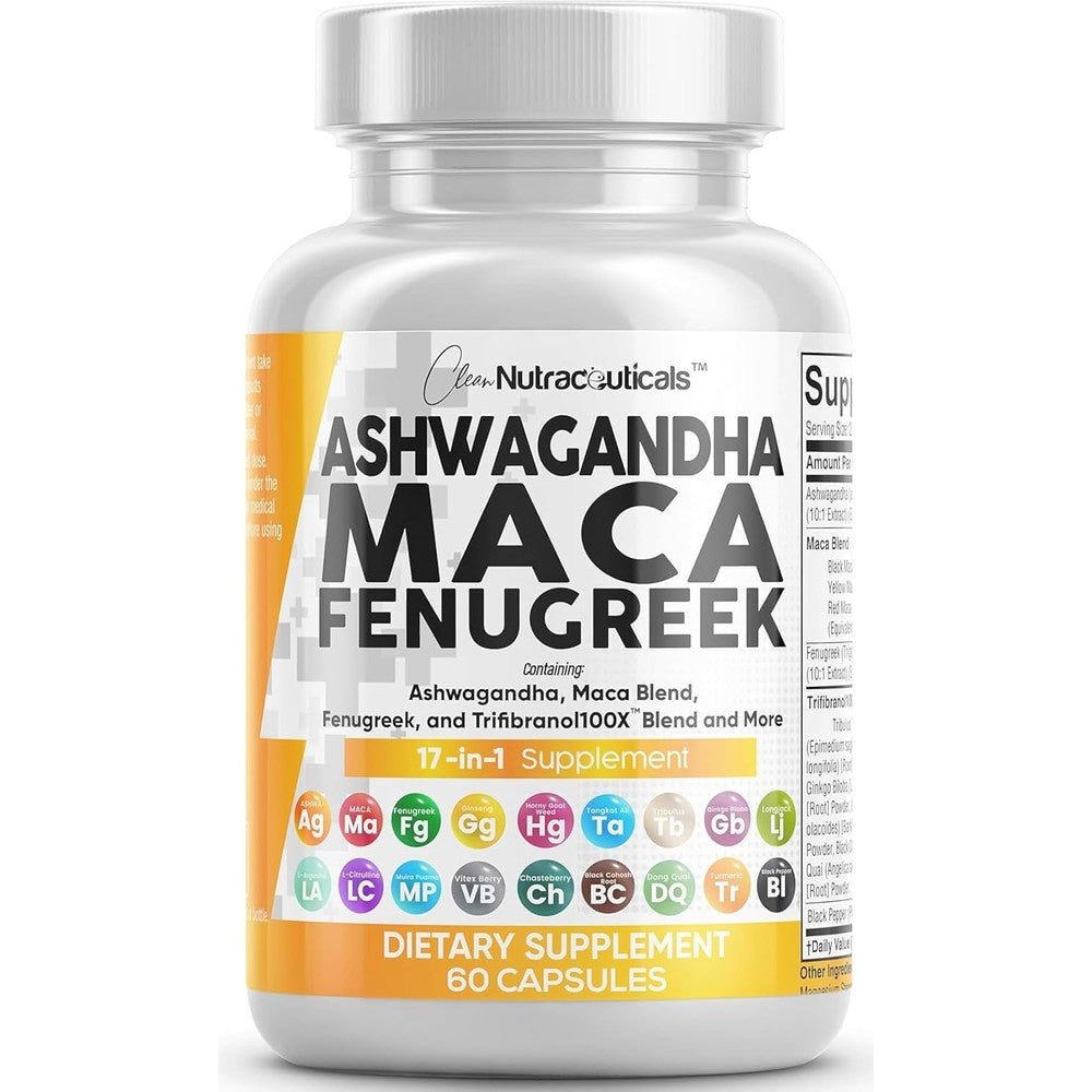 Clean Nutraceuticals Ashwagandha Maca Root Fenugreek capsules front view bottle for stress relief
