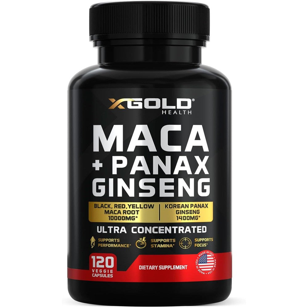 X Gold Health Maca Root and Korean Panax Ginseng supplement bottle front view