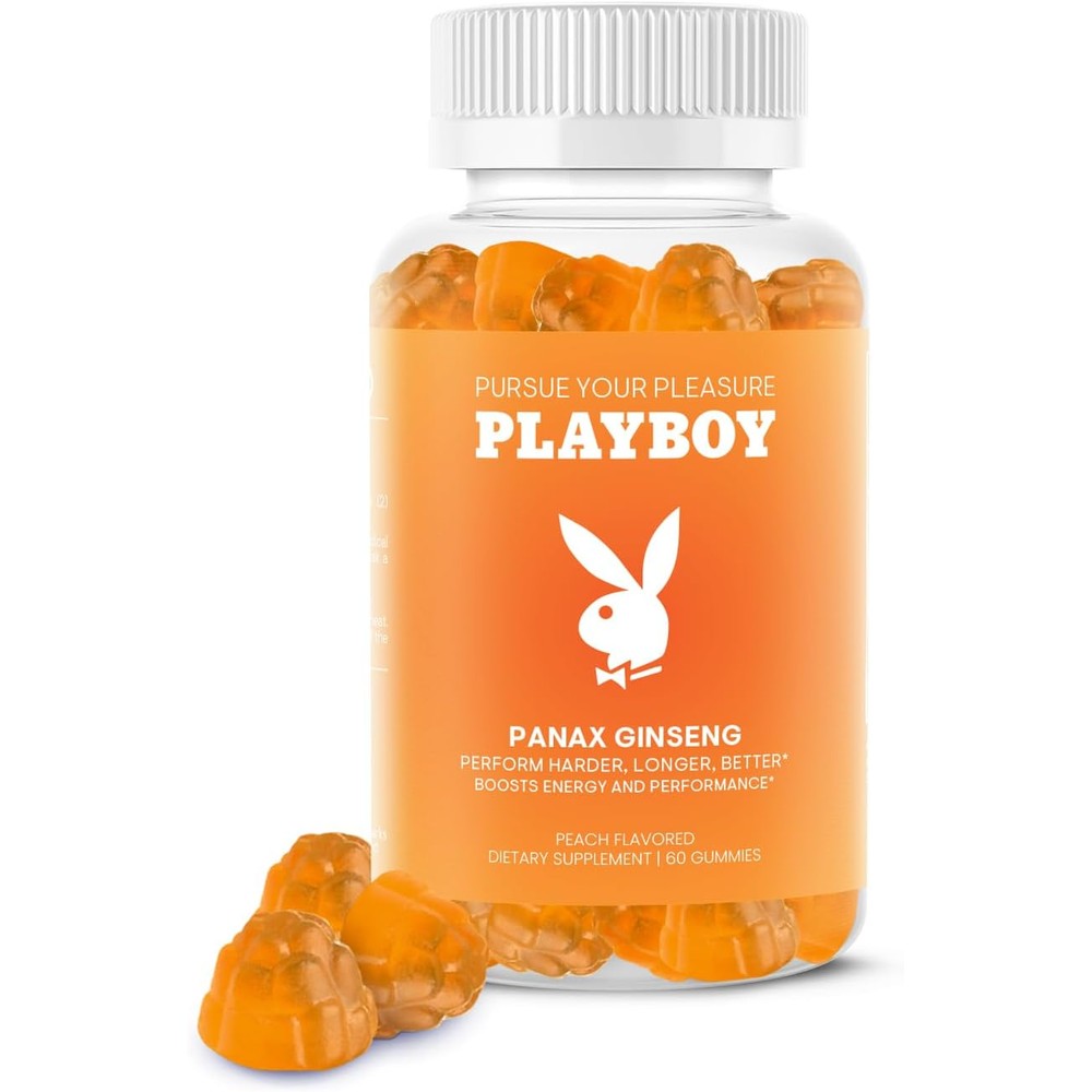 Avid Playboy Panax Ginseng Peach Gummies front of bottle