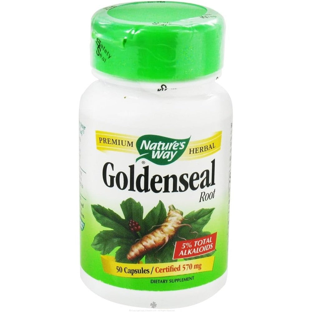 Nature's Way Goldenseal Root 570 milligram 50 capsules front bottle view for authentic digestive support.