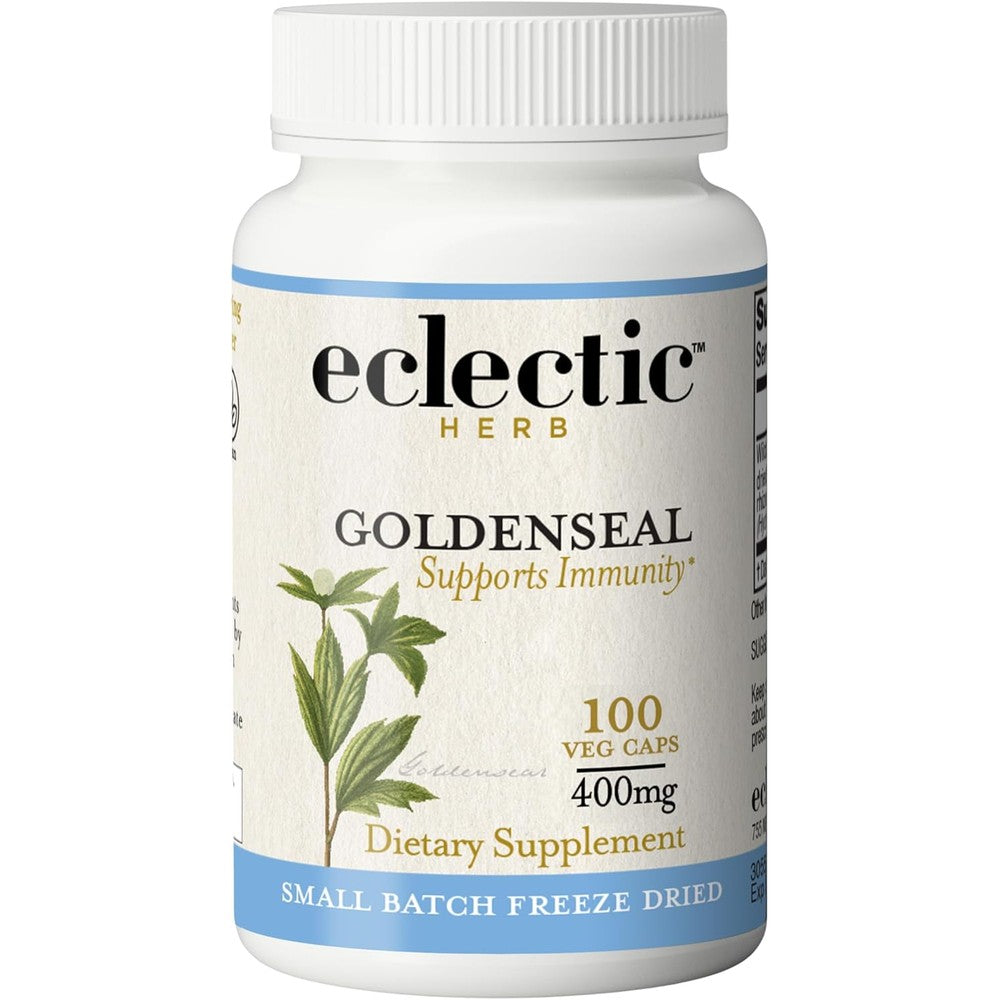 Eclectic Herb Goldenseal Root 400mg 100 vegetarian capsules front view bottle for natural immune support
