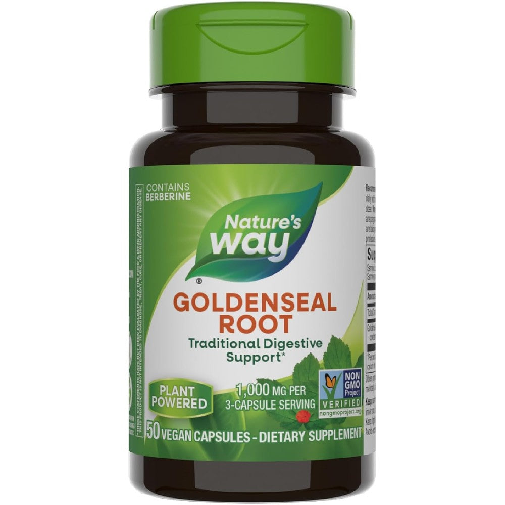 Nature's Way Goldenseal Root 50 vegan capsules front bottle view showing 1000 mg serving size.