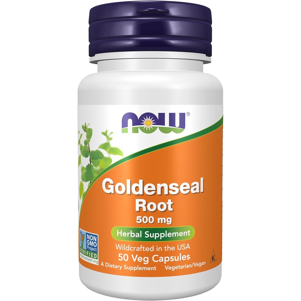 Now Foods Goldenseal Root 500 mg front view herbal supplement bottle