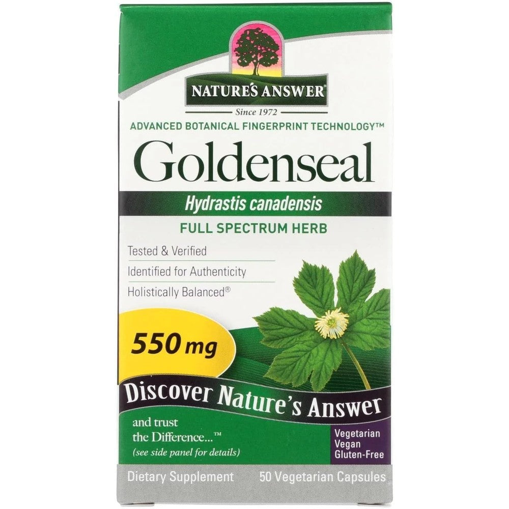 Nature's Answer Goldenseal Root 550 mg 50 vegetarian capsules front bottle view for natural immune health support.