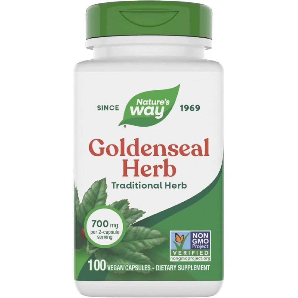 Nature's Way Goldenseal Root 100 vegan capsules front bottle view for traditional digestive wellness.