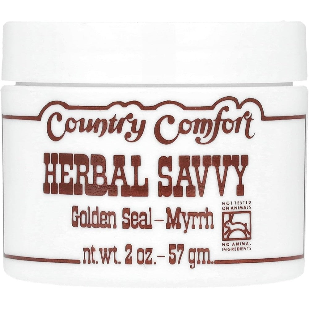 Country Comfort Herbal Savvy Goldenseal Myrrh two ounce jar front view showing natural disinfecting ointment packaging.